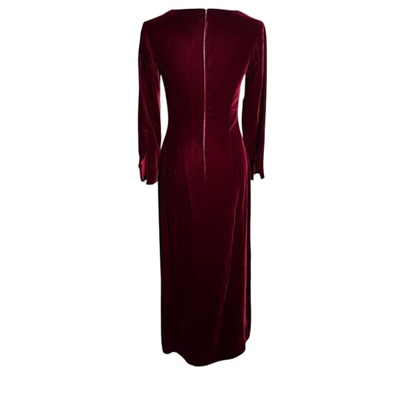 Vintage 50s Velvet Long Sleeve Maxi Dress Small Burgundy Red Lined Metal Zipper - Picture 5 of 10